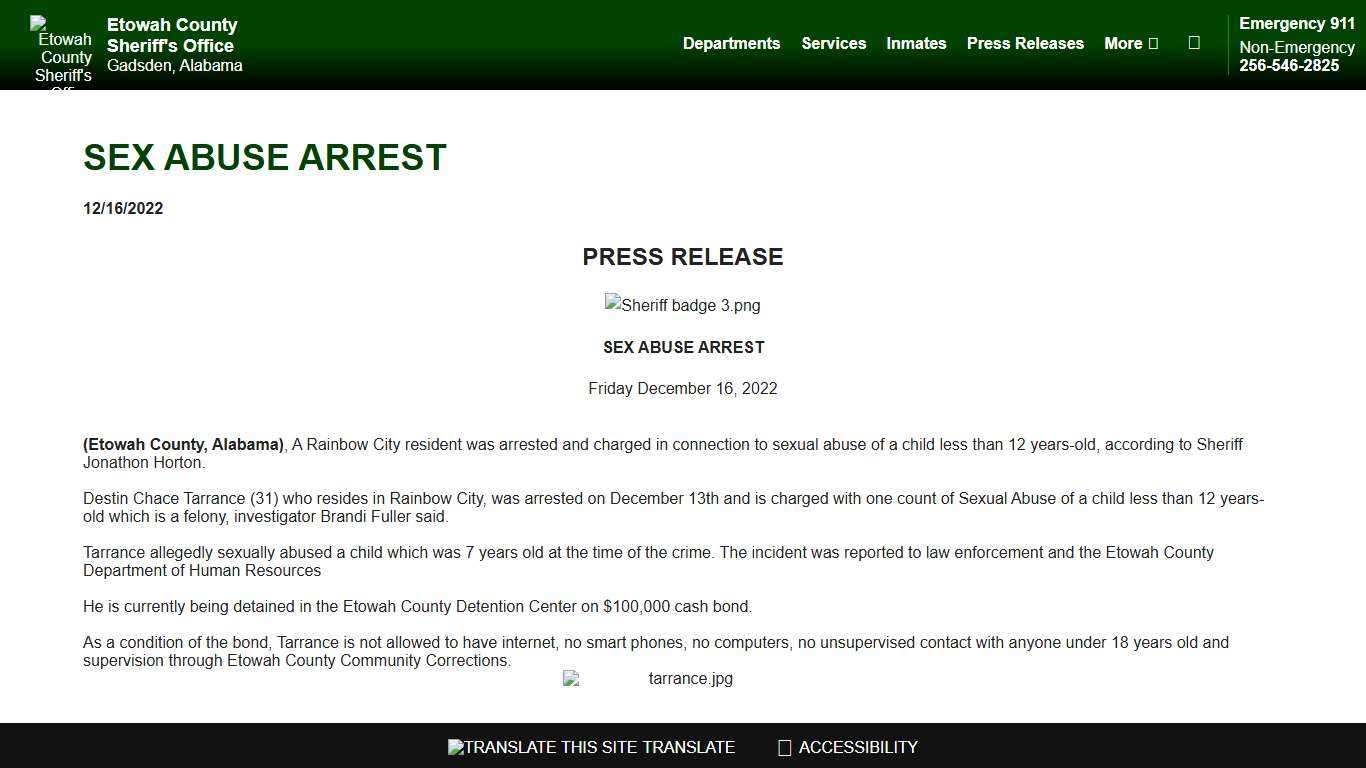 SEX ABUSE ARREST (12/16/2022) - Press Releases - Etowah County Sheriff's Office